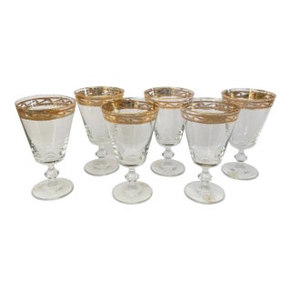 Preziosi Lavarato a Mano Italian Gold Rim Etched Design Wine Glasses- Set of 6 For Sale
