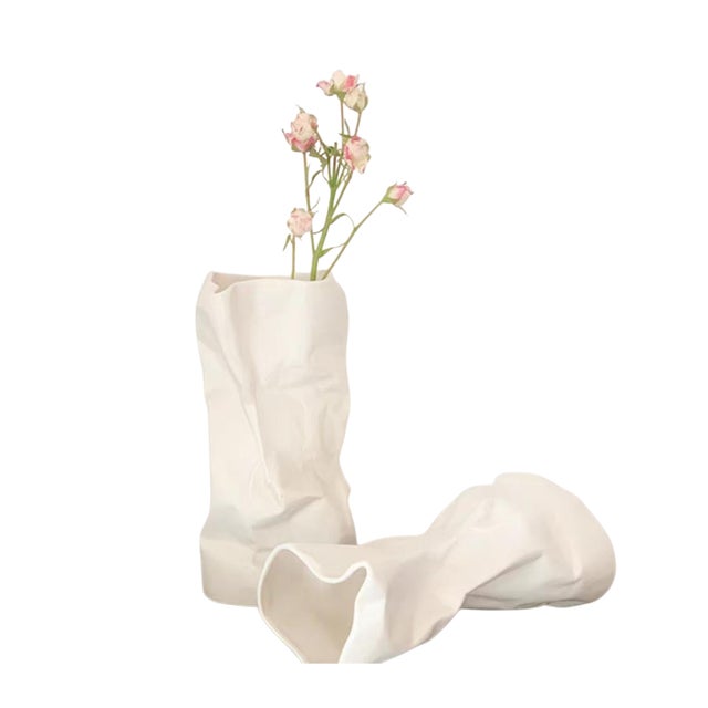 Late 20th Century Folded White Ceramic Vase - A Pair For Sale