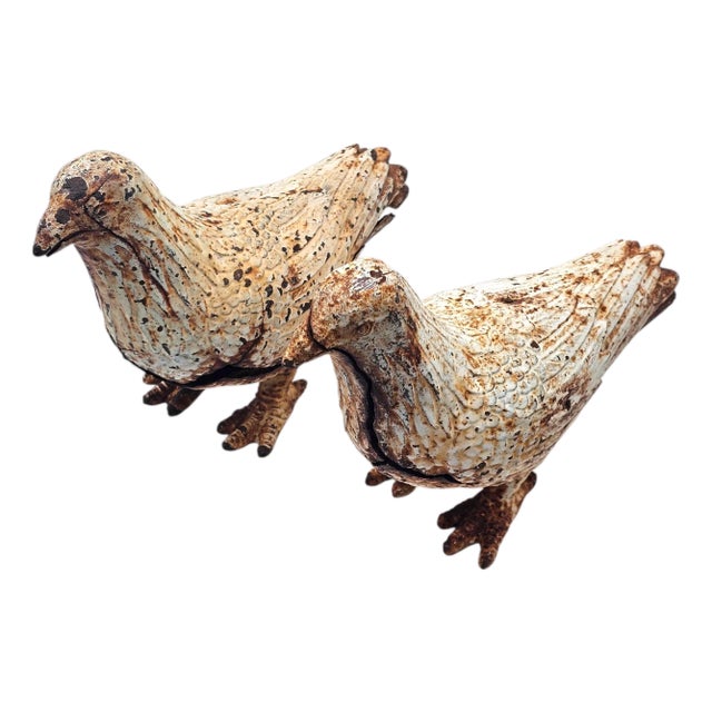 Mid-Century Cast Iron Garden Dove Sculptures, Matched Pair For Sale