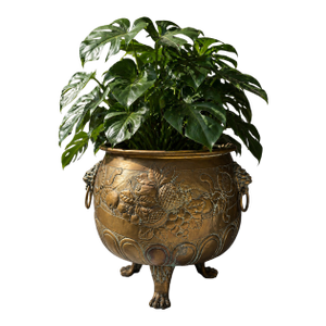 Antique Art Nouveau Brass Jardinière With Lion Handles & Claw Feet