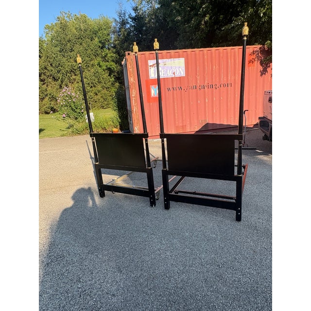 Paint Pair Black Lacquer Vintage Hollywood Regency Twin Poster Beds For Sale - Image 7 of 10