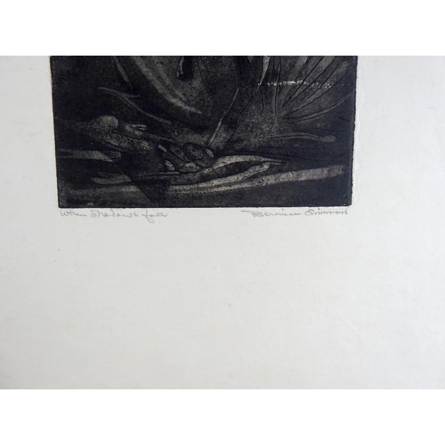 Etching on paper titled When Shadows Fall. Signed Bernice Simmons and titled in pencil along lower margin. Unframed, image...