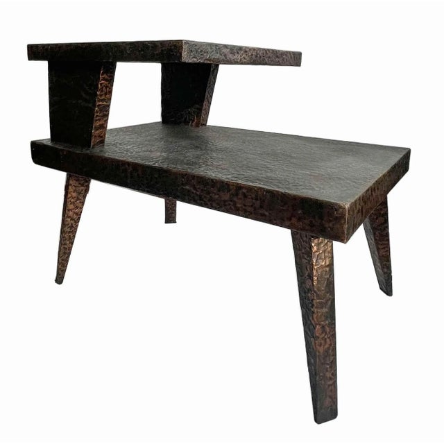 Vintage mid century modern hand hammered copper on wood, two tiered accent table. Finish is slightly distressed in areas.