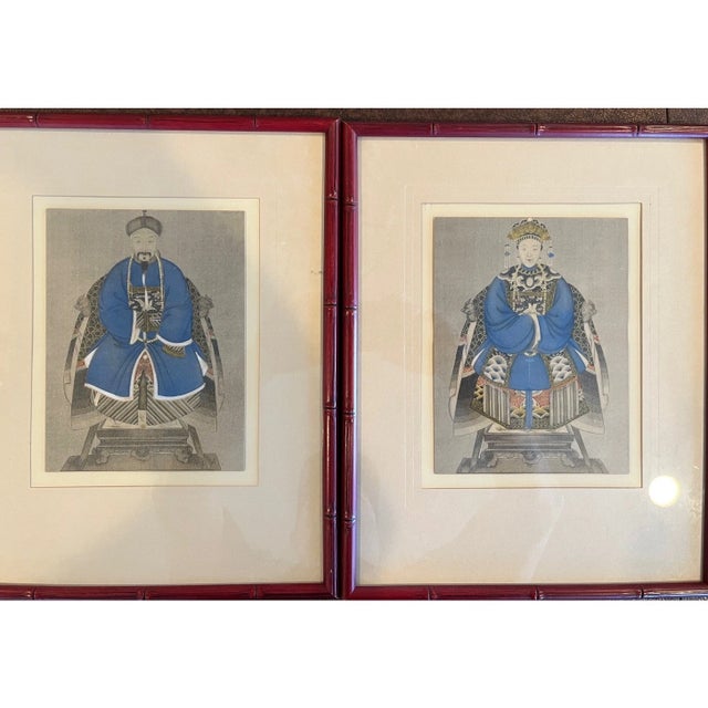 Early 20th Century Early 20th Century Qing Dynasty Style Chinese Ancestor Portraits in Faux Bamboo - A Pair For Sale - Image 5 of 7