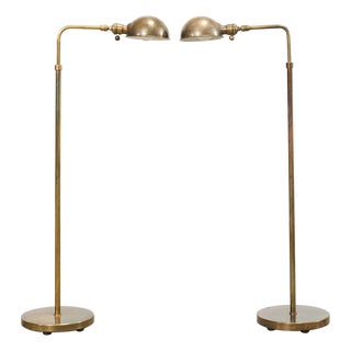 Pair of Midcentury Patinated Brass Pharmacy Floor Lamps For Sale