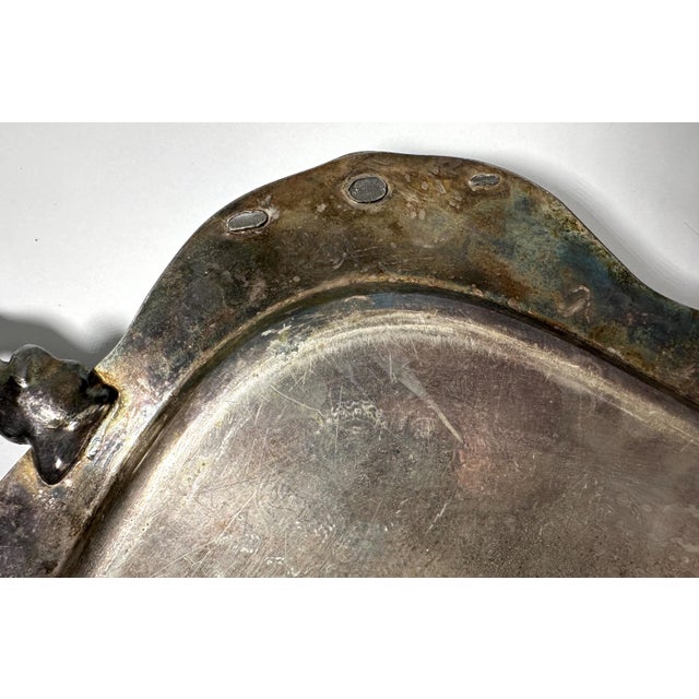 Metal Mid 20th Century Victorian Silverplate Serving Tray: Etched Floral Cartouche, Decorative Handles For Sale - Image 7 of 10