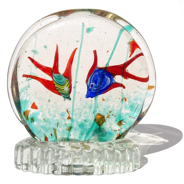 Beautiful vintage Murano hand blown Sommerso double fish aquarium Italian art glass sculpture. Created in the manner of...