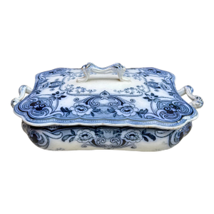 Antique 19th C. Flow Blue Ford & Sons Porcelain Covered Vegetable or Casserole Dish in Devon Pattern