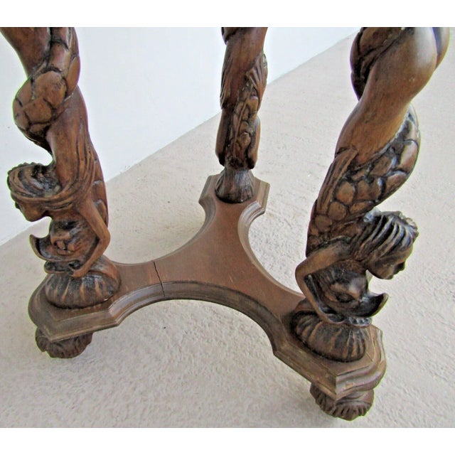 1920s Italian Renaissance Style Antique Carved Walnut Side Table Ornate Man & Dolphin Legs For Sale - Image 11 of 12