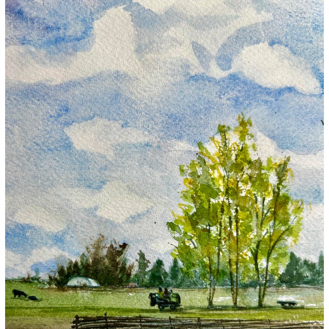 Framed Original Watercolor Painting Idaho Mowing Day For Sale - Image 4 of 7