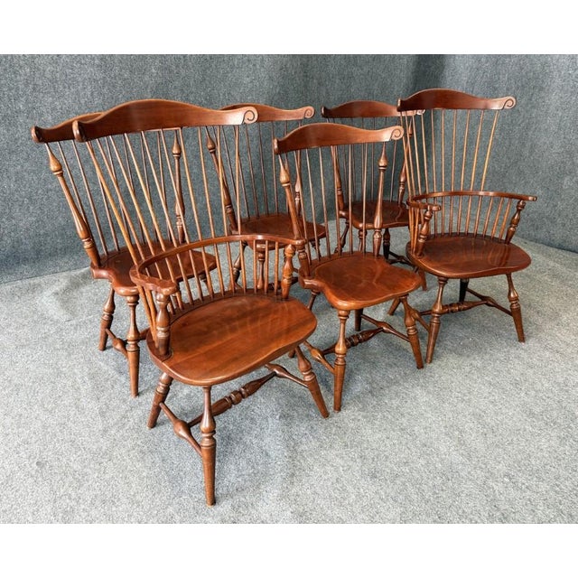 American Late 20th Century Set of 6 Frederick Duckloe & Bros. Colonial Reproductions Collection Spindle Back Dining Chairs For Sale - Image 3 of 13