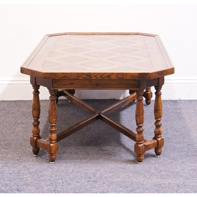 Henredon Furniture Four Centuries Collection Solid Oak Rustic Americana 46" Accent Coffee Table W. Lattice Parquet Top For Sale In Kansas City - Image 6 of 10