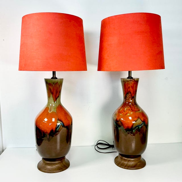 1960s Vintage Boho Chic Glazed Drip Ceramic Table Lamps - A Pair, New Shades. For Sale - Image 4 of 15