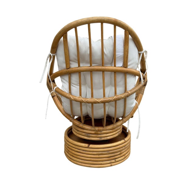 1970s 1970s Restored Swivel Bucket Lounge Chair on Stacked Rattan Pedestal Base For Sale - Image 5 of 10