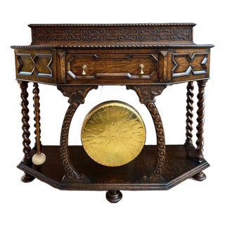 Antique English Console Hall Table Jacobean Carved Oak Barley Twist Gong C1880 For Sale