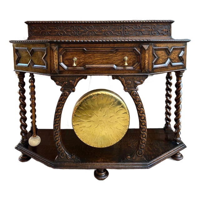 Antique English Console Hall Table Jacobean Carved Oak Barley Twist Gong C1880 For Sale