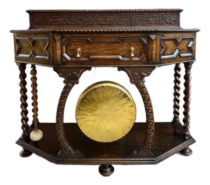 Antique English Console Hall Table Jacobean Carved Oak Barley Twist Gong C1880