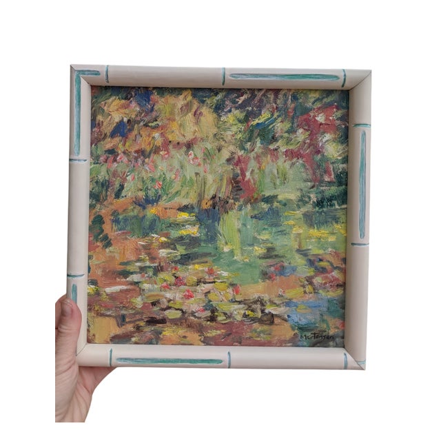 French Style Impressionist Floral Painting on Canvas Framed in a Hand Painted Green and White Bamboo Frame Signed by the...