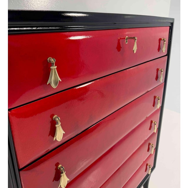Black Italian Art Deco Cherry Red Parchment and Black Lacquered Chest of Drawer, 1950s For Sale - Image 8 of 10
