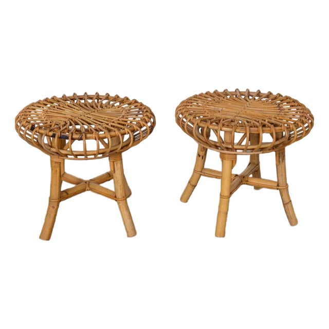 Pair of 1960s Italian Rattan Stools in the Style of Franco Albini For Sale