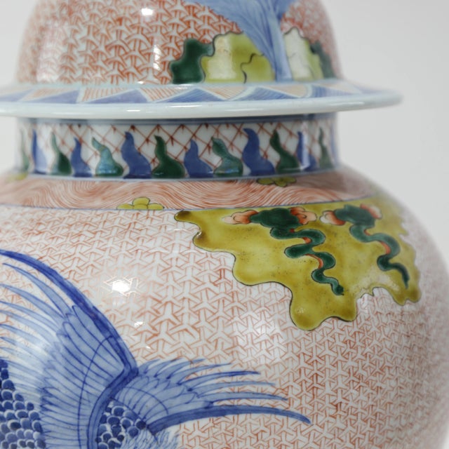 Pair of Chinese Late Qing Dynasty, Jingdezhen Kiln, Famille Verte Covered Jar With Kirin and Phoenix on Iron-Red Brocade Ground For Sale - Image 9 of 16