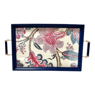 Blue Lacquer Serving Tray With Brass Handles – Floral Fabric Inlay, Bar Cart Decor For Sale