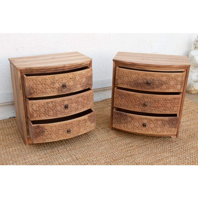 Set of 2, Reclaimed Wood Bow Front Carved Bedside Dressers For Sale - Image 4 of 11
