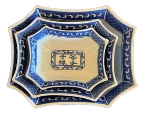 Vintage Blue & White Porcelain Nesting Serving Dish Set - Landscape Scene - Set of 3