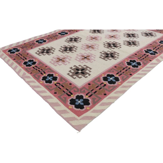 Vintage Romanian Geometric Kilim rug with Modern Tribal style 04'01 x 06'00. Showcasing a bold expressive design,...