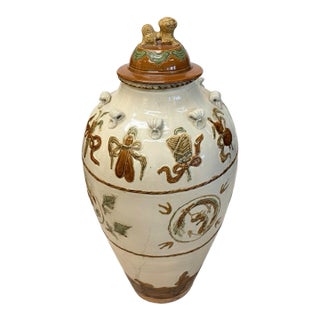 Magnificent Glazed Hand-Painted Pottery Funerary Urn With Foo Dog Finial For Sale