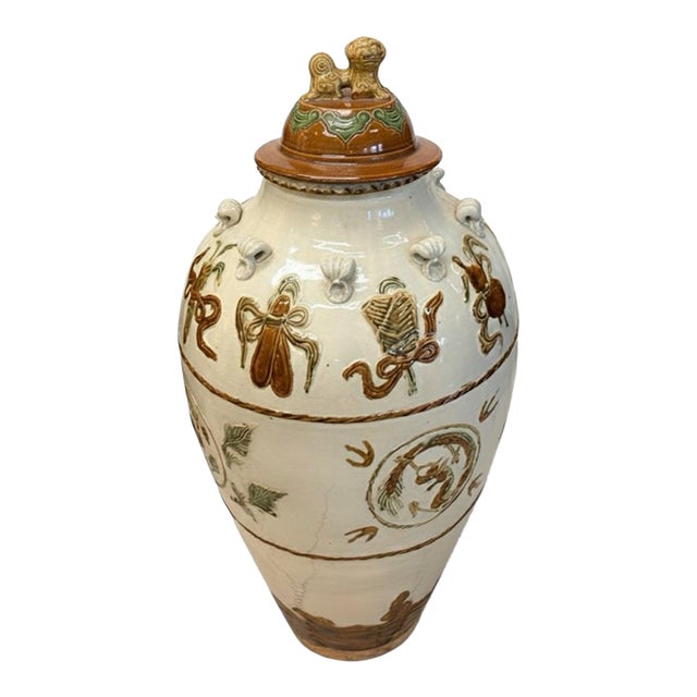 Magnificent Glazed Hand-Painted Pottery Funerary Urn With Foo Dog Finial For Sale