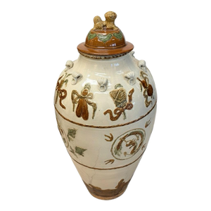 Magnificent Glazed Hand-Painted Pottery Funerary Urn With Foo Dog Finial