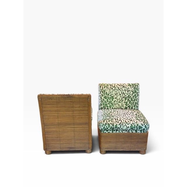 Mid-Century Modern Pair of MCM Pencil Reed Rattan & Green Rose Cumming Leopard Slipper Chairs For Sale - Image 3 of 6