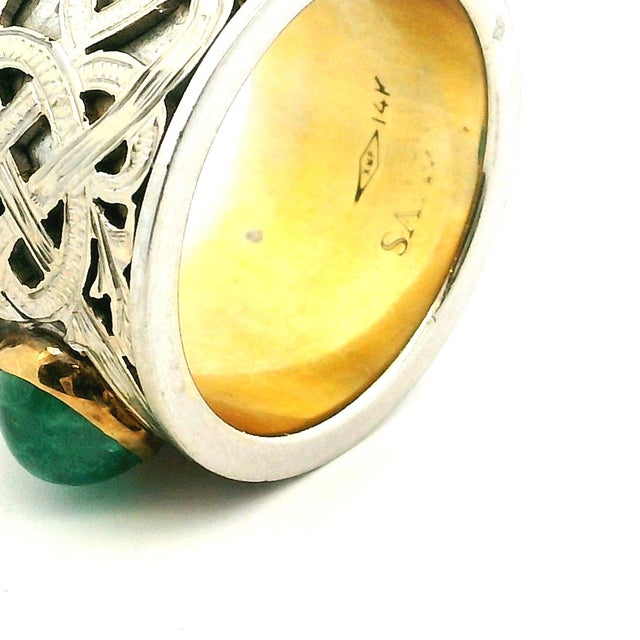 Vintage Samuel Aaron 14k White Gold Cabochon Emerald Wide Band Ring, Size 9.75 For Sale - Image 11 of 12
