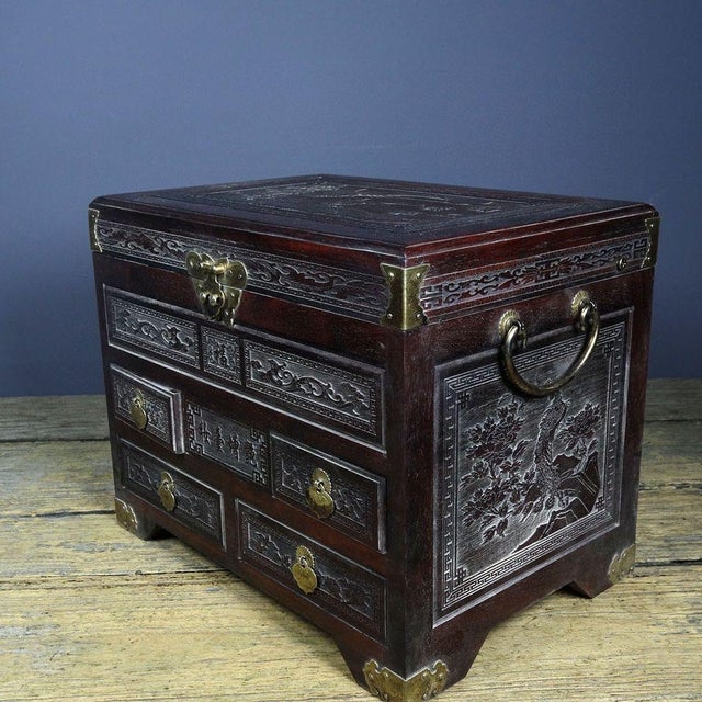 Brown Vintage Rosewood Jewelry Box / Vanity Chest With Brass Hardware & Carved Drawers For Sale - Image 8 of 9