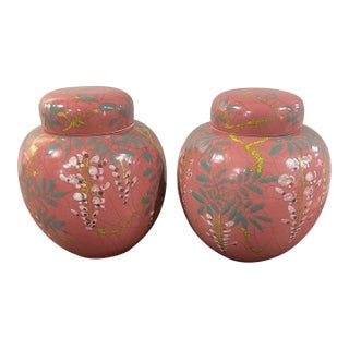 Vintage Chinese Porcelain Hand Painted Ginger Jars With Lid-Set of 2 For Sale