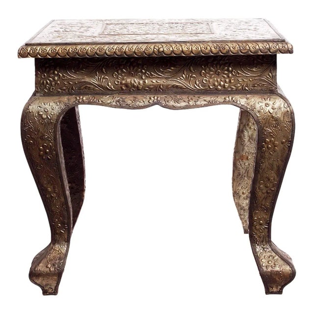 Square Indian hammered rectangular silver table with cabriole legs.