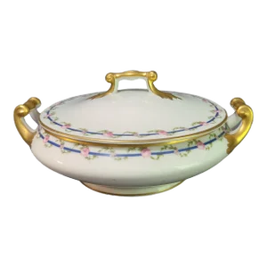 Mid 20th Century Limoges France M.Redon Hand Painted Gilded Rose Garland Covered Tureen Serving Bowl Dish