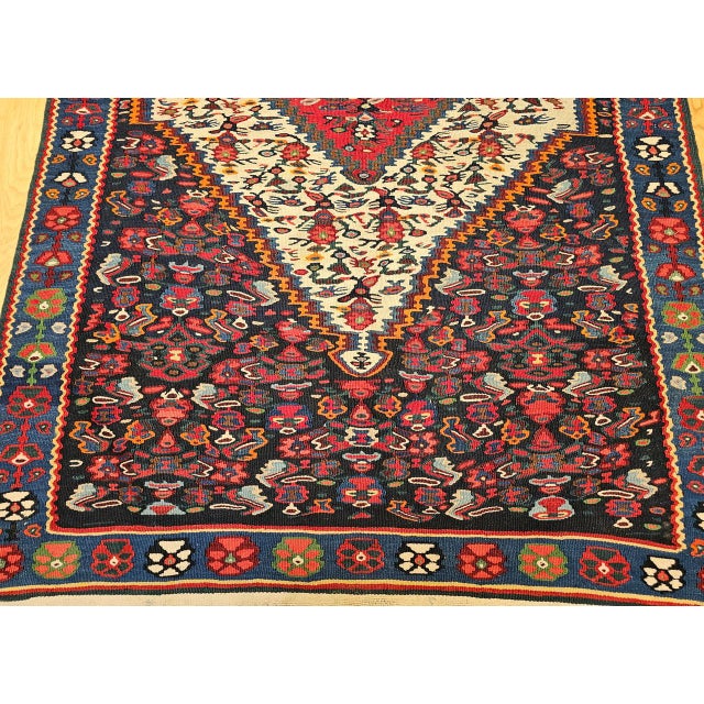 Vintage Senneh Kilim Rug, Handwoven Wool & Cotton, Medallion Pattern, Navy & Ivory, 4x6 For Sale - Image 11 of 16