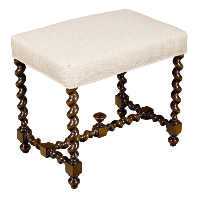Barley Twist English 19th Oak Stool with Cross Stretcher and Custom Upholstery For Sale