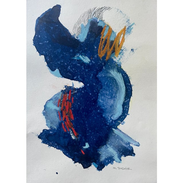 "Current" Abstract Original Watercolor Painting in Blues by Michele Zuzalek For Sale