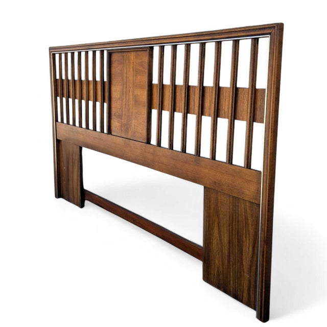 Mid-Century Modern Walnut Veneer King Headboard With Chrome Trim For Sale - Image 17 of 18