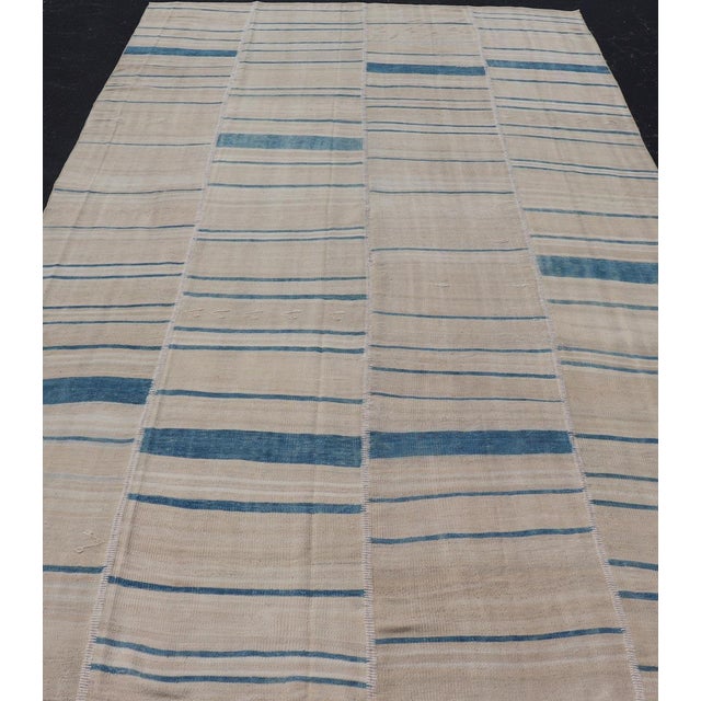 Measures: 8'0"X14'2" Vintage Turkish Kilim Rug with Blue and Cream Stripes 8'0"x14'2". Vintage Kilim Rug with Kilim...