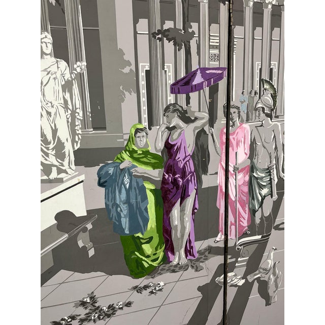 1970s Zuber Tri-Fold 3 Part Mural Screen Gray Tones Pink Purple Green Figures For Sale - Image 5 of 12