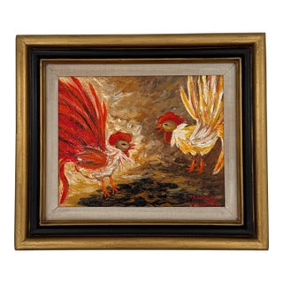 Original Rooster Oil Painting by Miami Artist Nuria Mesa For Sale