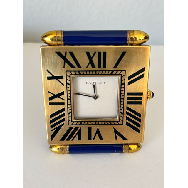 Vintage Cartier Folding Travel Desk Clock Paris Gilt-Brass and Blue Enamel 1990 For Sale - Image 10 of 18