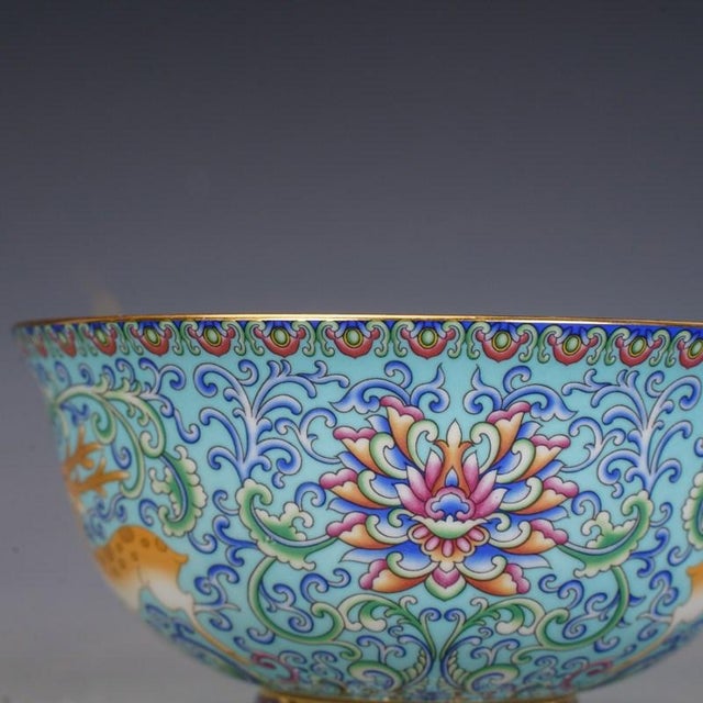 Mid 20th Century Enameled 6 Porcelain Bowls With Box – Famille Rose Style Deer & Floral Motif - 7 pcs For Sale In Los Angeles - Image 6 of 18
