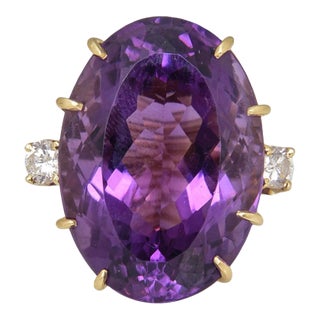 1970s Large Amethyst and Diamond Gold Cocktail Ring size 4 For Sale