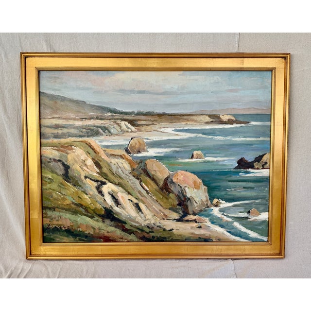 This sprawling coastline on a 40" x 30" canvas is presented in a custom hand-rubbed gold leaf frame. The Post-...