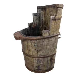 Chinese Water Bucket Elm Wood/Forged Iron/Antique Early 20th Century
